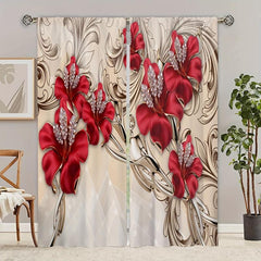 Red Flowers Printed Curtain Rod Pocket Top - Romantic Window Treatment