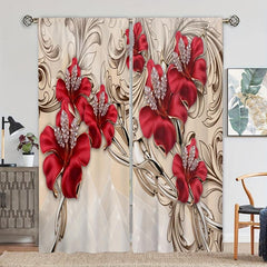 Red Flowers Printed Curtain Rod Pocket Top - Romantic Window Treatment