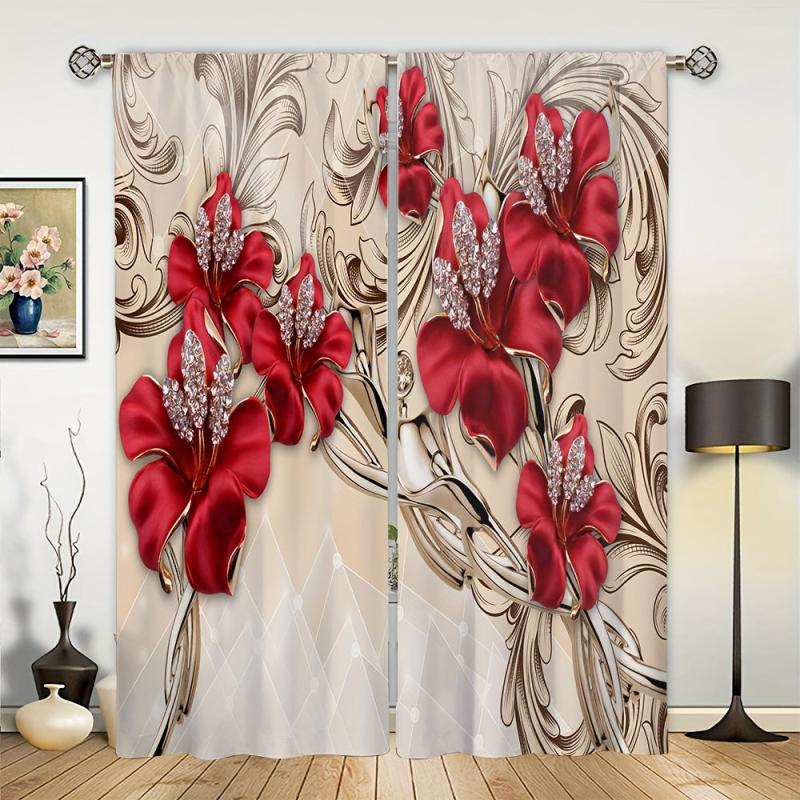 Red Flowers Printed Curtain Rod Pocket Top - Romantic Window Treatment