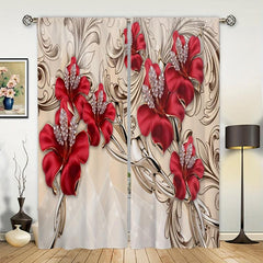 Red Flowers Printed Curtain Rod Pocket Top - Romantic Window Treatment