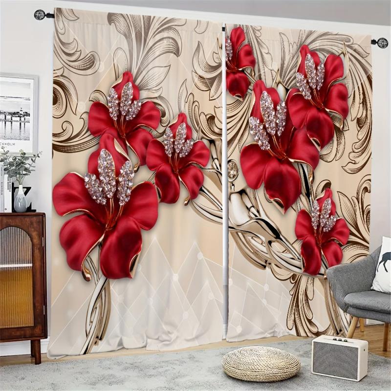 Red Flowers Printed Curtain Rod Pocket Top - Romantic Window Treatment