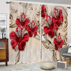 Red Flowers Printed Curtain Rod Pocket Top - Romantic Window Treatment
