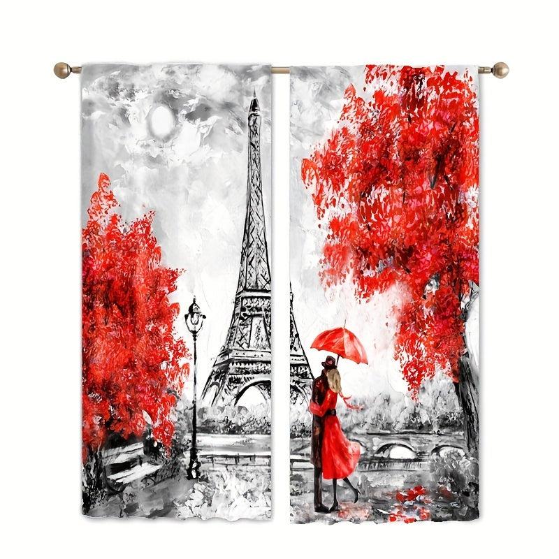2pcs Paris Eiffel Tower Print Curtains Rod Pocket Top