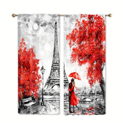 2pcs Paris Eiffel Tower Print Curtains Rod Pocket Top