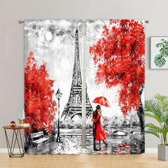 2pcs Paris Eiffel Tower Print Curtains Rod Pocket Top