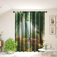Morning Trees Forest Green Waterproof Curtains Set for Home Decor