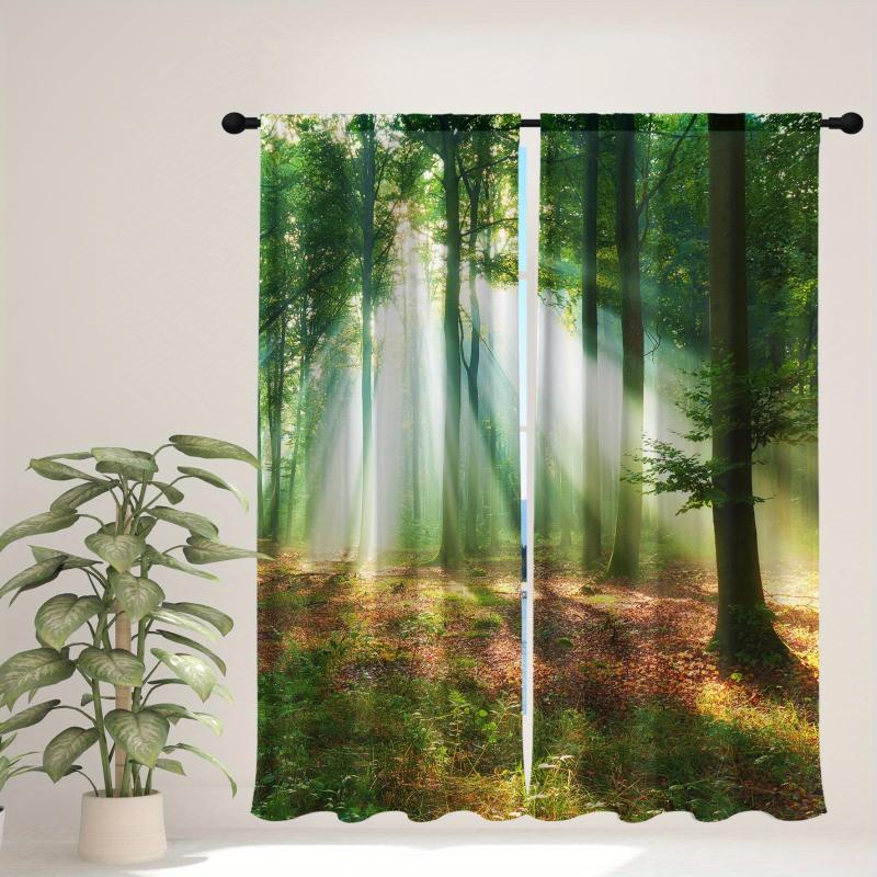 Morning Trees Forest Green Waterproof Curtains Set for Home Decor