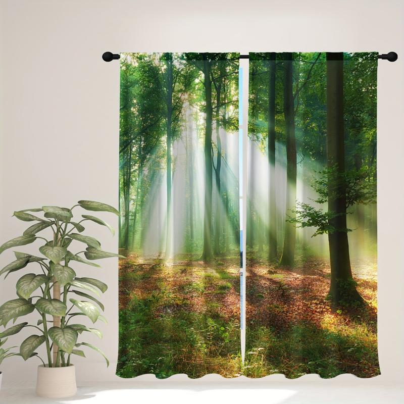 Morning Trees Forest Green Waterproof Curtains Set for Home Decor