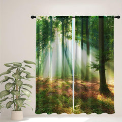 Morning Trees Forest Green Waterproof Curtains Set for Home Decor