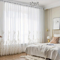 Embroidery Sheer Curtain Embossed Branch Leaf Pattern Embroidery Curtain