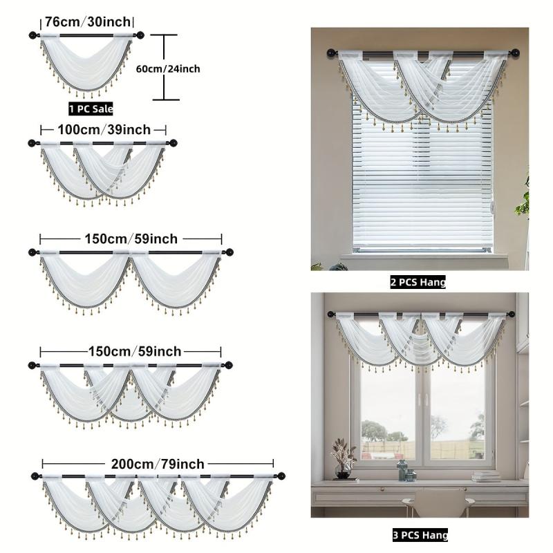 Translucent Wavy Valance Curtain with Beads Edge for Living Room Bedroom Window