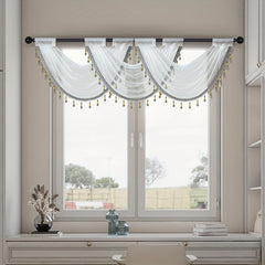 Translucent Wavy Valance Curtain with Beads Edge for Living Room Bedroom Window
