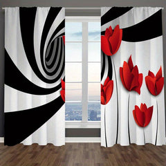 Abstract Art Curtains with Red Flower & Spiral Circle Design