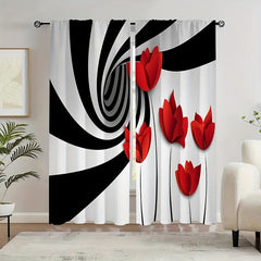 Abstract Art Curtains with Red Flower & Spiral Circle Design