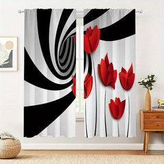 Abstract Art Curtains with Red Flower & Spiral Circle Design