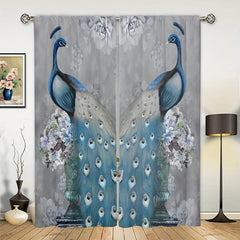 2pcs Peacock Printed Curtain Rod Pocket Installation Curtains