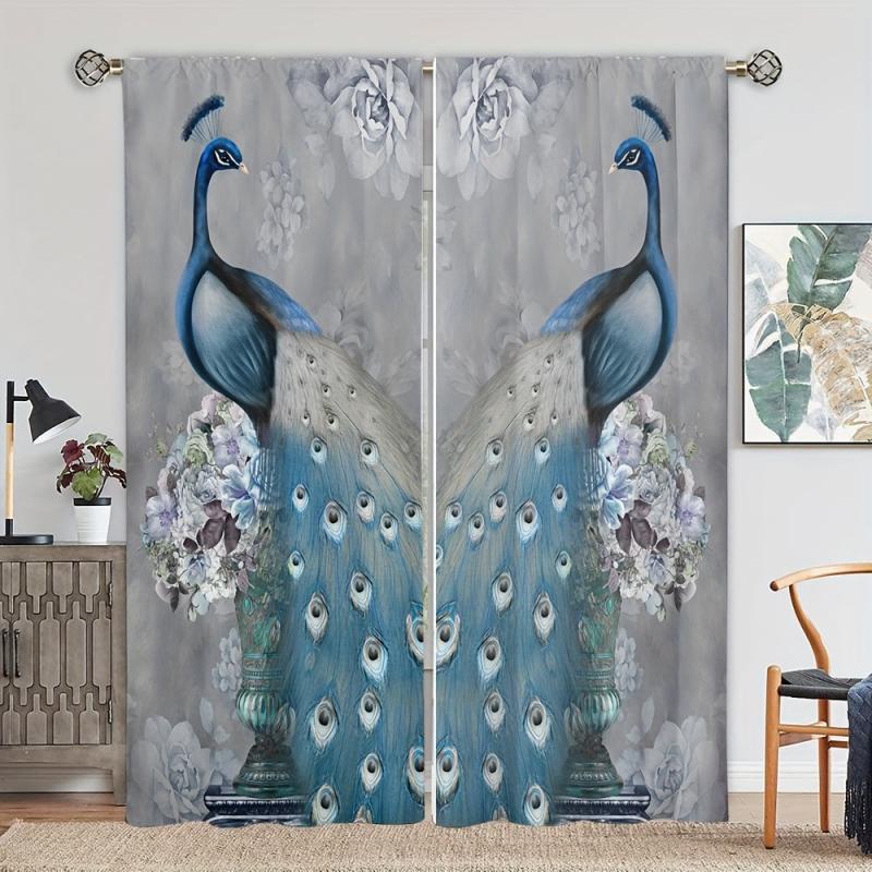 2pcs Peacock Printed Curtain Rod Pocket Installation Curtains