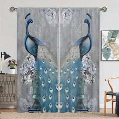 2pcs Peacock Printed Curtain Rod Pocket Installation Curtains