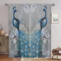 2pcs Peacock Printed Curtain Rod Pocket Installation Curtains
