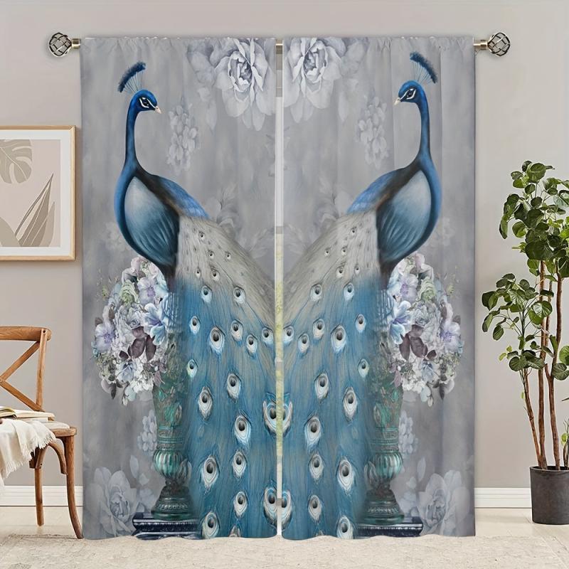 2pcs Peacock Printed Curtain Rod Pocket Installation Curtains