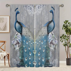 2pcs Peacock Printed Curtain Rod Pocket Installation Curtains
