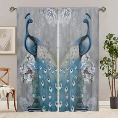2pcs Peacock Printed Curtain Rod Pocket Installation Curtains