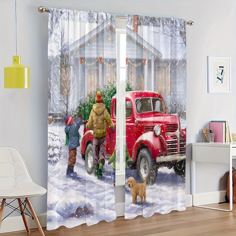 Christmas Family Red Car Curtain