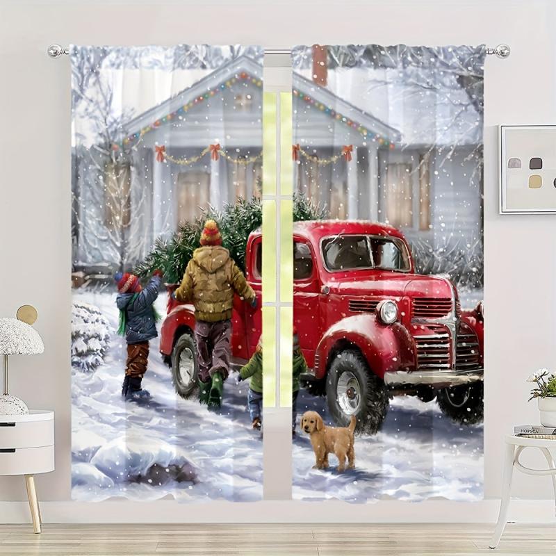 Christmas Family Red Car Curtain