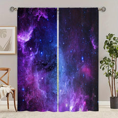2pcs Star Sky Printed Window Curtain Rod Pocket Semi Blackout Curtains