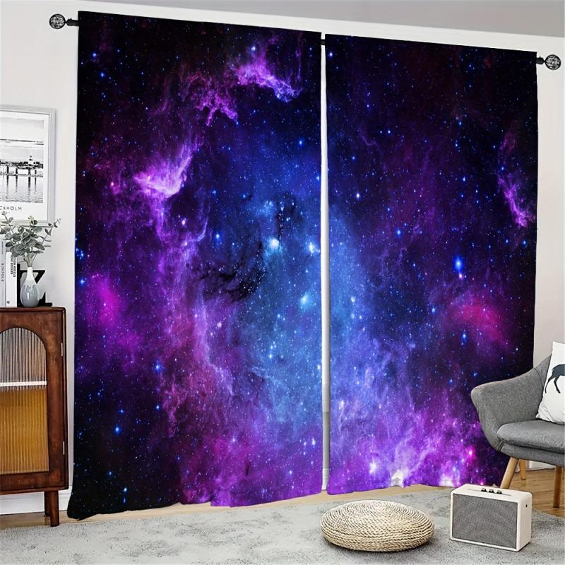 2pcs Star Sky Printed Window Curtain Rod Pocket Semi Blackout Curtains