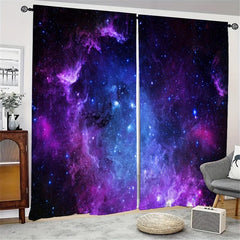 2pcs Star Sky Printed Window Curtain Rod Pocket Semi Blackout Curtains