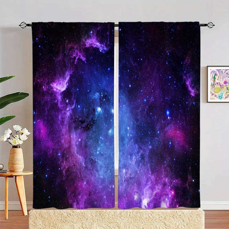 2pcs Star Sky Printed Window Curtain Rod Pocket Semi Blackout Curtains
