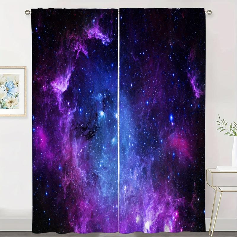 2pcs Star Sky Printed Window Curtain Rod Pocket Semi Blackout Curtains