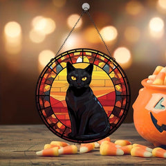 Halloween Cat Round Acrylic Stain Window Hanging Wall Decoration