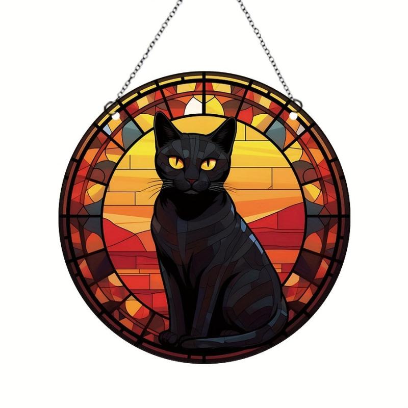 Halloween Cat Round Acrylic Stain Window Hanging Wall Decoration