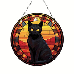 Halloween Cat Round Acrylic Stain Window Hanging Wall Decoration