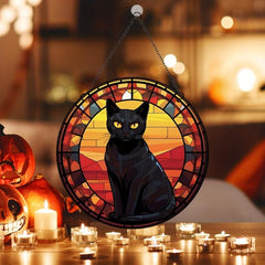 Halloween Cat Round Acrylic Stain Window Hanging Wall Decoration