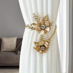 Metal Faux Pearl Curtain Holdback with Flower Accent