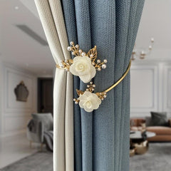 Metal Faux Pearl Curtain Holdback with Flower Accent