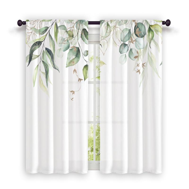 2pcs Nordic Hand Painted Leaves Short Curtain Semi Blackout for Living Room