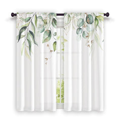 2pcs Nordic Hand Painted Leaves Short Curtain Semi Blackout for Living Room