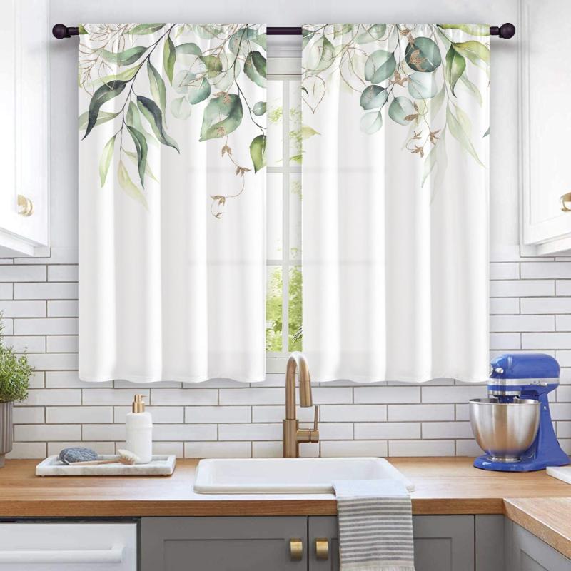 2pcs Nordic Hand Painted Leaves Short Curtain Semi Blackout for Living Room