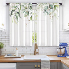 2pcs Nordic Hand Painted Leaves Short Curtain Semi Blackout for Living Room