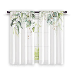 2pcs Nordic Hand Painted Leaves Short Curtain Semi Blackout for Living Room