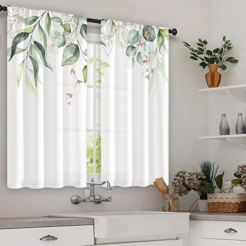 2pcs Nordic Hand Painted Leaves Short Curtain Semi Blackout for Living Room