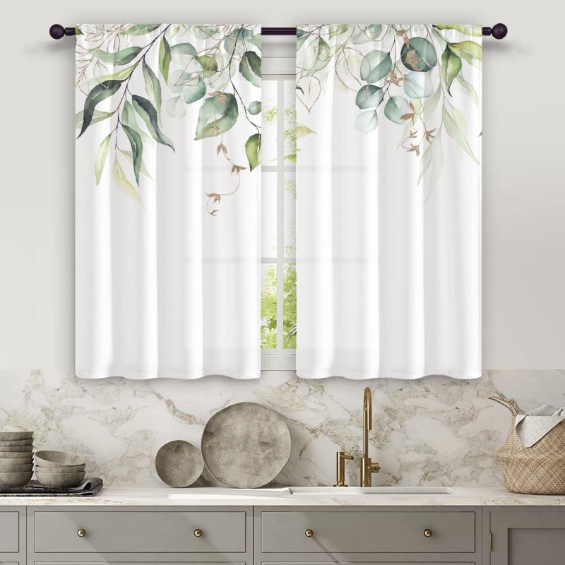 2pcs Nordic Hand Painted Leaves Short Curtain Semi Blackout for Living Room