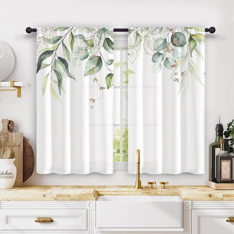 2pcs Nordic Hand Painted Leaves Short Curtain Semi Blackout for Living Room