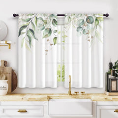 2pcs Nordic Hand Painted Leaves Short Curtain Semi Blackout for Living Room