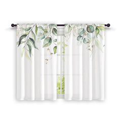 2pcs Nordic Hand Painted Leaves Short Curtain Semi Blackout for Living Room