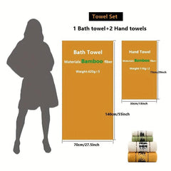 3pcs Bamboo Fiber Towel Set - 1 Bath Towel, 2 Hand Towels